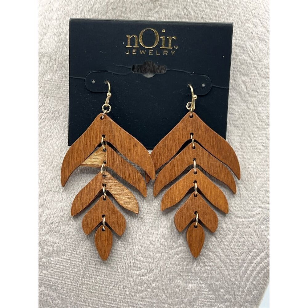 nOir Jewelry Wooden Leaf Drop Earrings Brown 2.5" Dangle O20